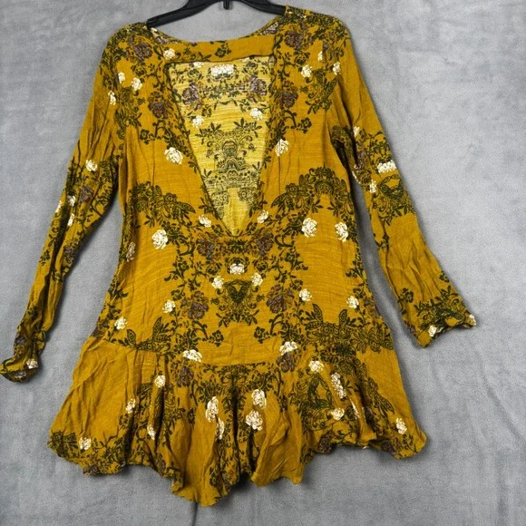 Free People Mustard Yellow Floral V-Back Long Sleeve Ruffle Mini Dress Small - Picture 6 of 6